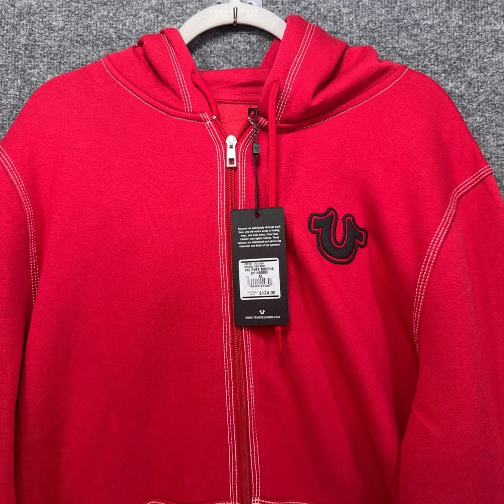 True Religion Sweatshirt Mens XL Red Buddha Contrast Stitch Zip Up Hoodie NEW